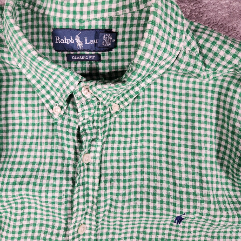 Ralph Lauren Button Down Mens XXL Green Excellent Linen Gingham Classic Fit - Picture 4 of 12